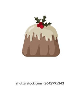 A beautifully designed Christmas pudding features a rich, brown base topped with a creamy icing and adorned with vibrant red berries and green holly leaves.