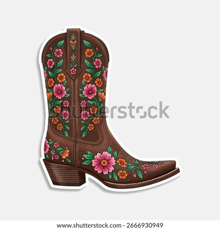 A beautifully designed cowboy boot sticker with floral embroidery, perfect for adding a touch of western charm to any project isolated on white background
