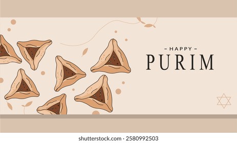 A beautifully designed digital banner for Purim featuring traditional Hamantaschen cookies warm beige tones and festive decorative elements symbolizing the Jewish holiday