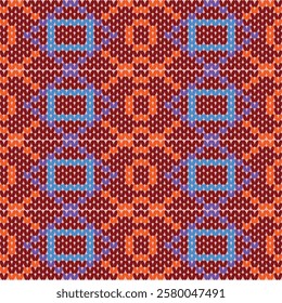  beautifully designed digital crochet pattern featuring a warm color palette of brown, orange, and blue. The intricate geometric arrangement creates a unique and eye-catching design,