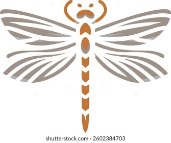 A beautifully designed dragonfly emblem with an artistic and modern touch. The symmetrical wings feature intricate cut-out patterns in neutral gray tones, while the segmented body and antennae