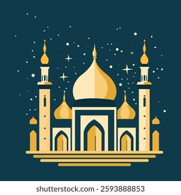 A beautifully designed Eid celebration illustration featuring a golden mosque with elegant domes and minarets against a deep teal background. The night sky is adorned with sparkling stars, creating a 