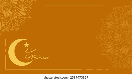 A beautifully designed Eid Mubarak greeting card with a golden background, Islamic patterns, and a crescent moon with a star. Perfect for celebrating Eid and sharing warm wishes.