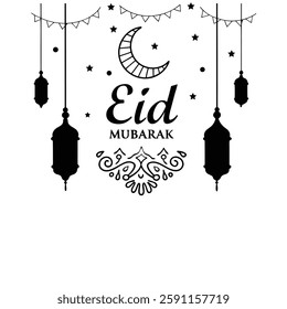 A beautifully designed Eid Mubarak vector card featuring Arabic calligraphy, crescent moon, and glowing lamps. Perfect for greetings, invitations, and festive digital designs.