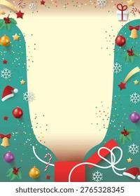 A beautifully designed festive border template featuring a charming arrangement of seasonal decorations set on a soft green and cream background. The composition includes classic holiday elements such as colorful ornaments, holly leaves with berries, striped candy canes, and delicate snowflakes, all carefully arranged to form an elegant frame. The central area is intentionally left blank, providing ample space for adding personalized messages, greetings, invitations, or creative content.

This illustration captures the warmth and joy of the holiday season through its harmonious color palette and balanced layout. The combination of soft neutral tones with vibrant decorative accents creates a visually pleasing contrast that enhances readability while maintaining a cheerful and welcoming aesthetic. Each element is styled with clean lines and gentle detailing, giving the design a polished and modern look while still preserving traditional festive charm.

Ideal for a wide range of creative uses, this template works perfectly for greeting cards, party invitations, social media posts, promotional materials, printable stationery, and seasonal marketing campaigns. It can also be used as a decorative background for photo booth props, scrapbooking projects, or digital wallpapers. The flexible layout allows designers and creators to easily customize the central space with text, logos, or images without disrupting the overall composition.

Created in a high quality format, this artwork ensures clarity and adaptability across different sizes and platforms. The thoughtful placement of decorative elements around the edges draws attention inward, making it an effective framing solution for both personal and professional designs. This festive border offers a perfect blend of elegance, creativity, and seasonal spirit, making it a valuable asset for any holiday themed project.