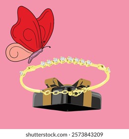 A beautifully designed gold bracelet adorned with diamonds, placed on a luxurious black and gold gift box. The soft pink background and butterfly accent add charm, making it a perfect jewelry concept.