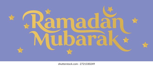 Uma ilustração de vetor de cartão de saudação lindamente projetada exibe o elegante roteiro dourado 'Ramadã Mubarak' centrado em um fundo macio lavanda, adornado com numerosas estrelas douradas dispersas e uma delicada lua crescente acima do texto, significando a ocasião alegre e abençoada do mês sagrado.