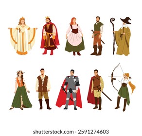 A beautifully designed illustration set featuring medieval characters such as knights, princesses, kings, queens in an artistic and elegant style. Perfect for fantasy-themed projects and storybooks