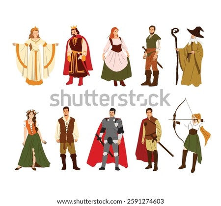 A beautifully designed illustration set featuring medieval characters such as knights, princesses, kings, queens in an artistic and elegant style. Perfect for fantasy-themed projects and storybooks