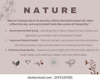 A beautifully designed infographic highlighting the benefits of nature for mental well-being, physical health, and sleep quality, featuring elegant floral elements and soft-toned aesthetics.