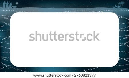 A beautifully designed nativity-themed graphic frame capturing the spiritual essence of a sacred holiday night. The composition features a deep blue and black sky filled with delicate stars and subtle glowing light trails, creating a calm and reverent atmosphere. At the top border, elegant silhouette illustrations portray the timeless story, including the Wise Men traveling under a guiding star, along with shepherds and gentle sheep, all arranged in a balanced and visually meaningful layout. A radiant star shines brightly above, symbolizing hope, guidance, and divine presence, drawing attention and adding emotional depth to the scene.

The central portion of the design includes a large rounded white rectangle, thoughtfully placed to allow easy insertion of text, messages, or personal photos. This clean space contrasts effectively with the darker background, ensuring readability and versatility for multiple uses. The surrounding elements are carefully composed to frame the content without overwhelming it, maintaining both decorative richness and functional clarity.

Ideal for creating invitations, greeting cards, church programs, or digital announcements, this frame blends artistic storytelling with practical design. The soft contrast between the illuminated sky and the silhouette figures enhances visual appeal while preserving a peaceful tone. Every detail contributes to a unified composition that reflects tradition, faith, and celebration in a subtle yet impactful way.

This design is suitable for both personal and professional projects, offering a timeless aesthetic that resonates across different audiences. The thoughtful arrangement of symbolic elements, combined with a refined color palette, makes it a versatile choice for seasonal communication. It provides a meaningful backdrop that supports creative expression while honoring the significance of the nativity story in a visually engaging and respectful manner.