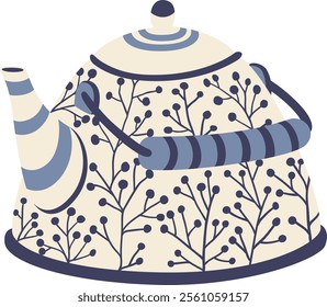 Beautifully designed porcelain teapot with a delicate blue floral pattern and striped details adds a touch of elegance to tea time, perfect for enjoying a warm beverage