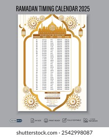 Um calendário do Ramadã 2025 lindamente projetado com um calendário de jejum e motivos islâmicos tradicionais. Ideal para organizar orações e jejum durante o mês sagrado.