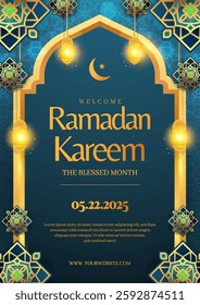 A beautifully designed Ramadan Kareem celebration poster featuring glowing lanterns, Islamic patterns, and traditional elements, creating a festive and spiritual ambiance.