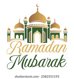 A beautifully designed Ramadan Mubarak greeting featuring a golden mosque with green accents, symbolizing blessings, faith, and spirituality.