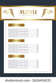 schön gestaltete Restaurant-Menüvorlage mit einem Gold- und Marinefarbenschema