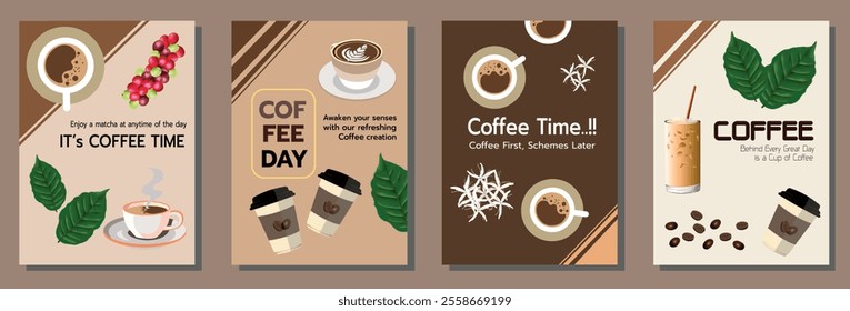 A beautifully designed set of coffee-themed posters featuring coffee cups, coffee cherry,beans, leaves, and latte art.These modern templates, ideal for coffee promotions or themed events.