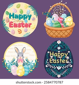 A beautifully designed set of Easter-themed posters featuring a bunny with decorative eggs, a traditional Easter basket filled with colorful eggs and willow branches, a floral Easter egg