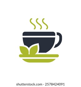 A beautifully designed soothing icon that represents relaxation, featuring a delightful cup of coffee accompanied by fresh, vibrant leaves, and it is perfect for various spa and wellness themes