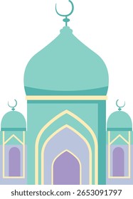 Uma mesquita azul-petróleo com detalhes da lua crescente, ideal para a arte arquitetônica islâmica, decorações festivas e impressoras temáticas.