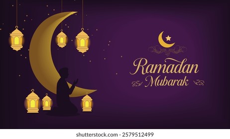 A beautifully designed vector illustration celebrating the holy month of Ramadan, featuring a golden crescent moon with glowing lanterns surrounding a silhouette of a person in prayer. 