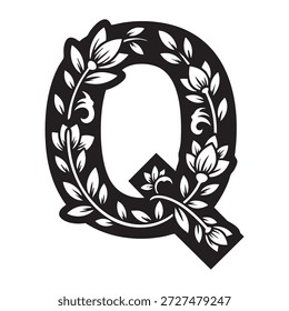 Uma ilustração vetorial lindamente projetada da letra Q adornada com padrões florais intrincados e folhas, perfeito para fins decorativos e artísticos.
