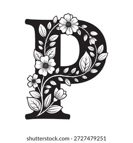 Una Ilustración vectorial bellamente diseñada de la letra P adornada con intrincados patrones florales y de hojas, perfecto para fines decorativos y artísticos.