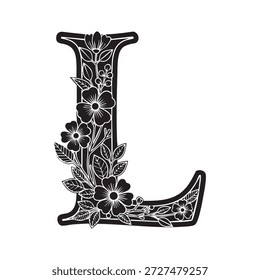 Una Ilustración vectorial bellamente diseñada de la letra L adornada con intrincados patrones florales y delicadas hojas.
