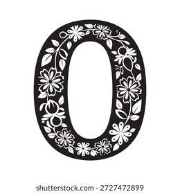 A beautifully designed vector illustration of the number zero adorned with intricate floral patterns and leaves, perfect for decorative and artistic purposes.