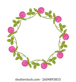 A beautifully designed vector illustration of a red clover wreath, featuring lush blossoms and vivid green leaves. This decorative piece embodies a natural, vibrant aesthetic perfect for various