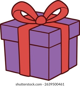 A beautifully designed vector illustration of a vibrant purple gift box, tied with a festive red ribbon and a perfectly formed bow. This inviting image is versatile for themes of celebrations, holiday