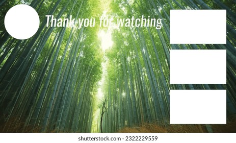 Plantilla de pantalla de final vectorial de diseño bellamente diseñada para el vlogger amante de la naturaleza y viajero con impresionante fondo de bosque japonés de bambú para la pantalla de vídeo final. Pantalla de final de canal de vídeo de tarjeta externa