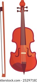 Um violino maravilhosamente projetado, rico em tons de laranja, fica ao lado de um arco. O instrumento representa a arte e a paixão da música ideal para músicos e colecionadores.