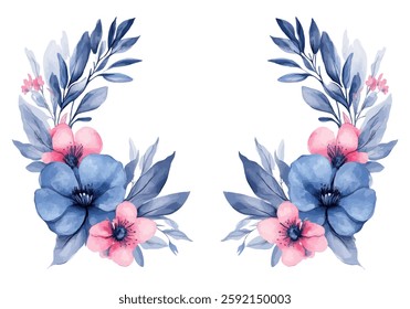 A beautifully designed watercolor floral frame featuring blue and pink flowers with delicate leaves on a white background. Ideal for invitations, stationery, and decorative designs