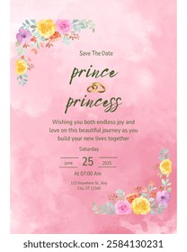 Beautifully designed wedding card featuring colourful floral accents and vibrant pink backdrop. Perfect for wedding invitations and celebration announcements. Includes customizable text detailing