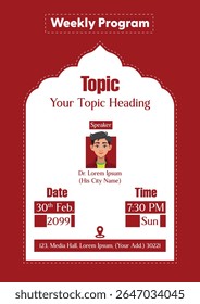 Modelo de cartaz de evento semanal com design bonito, apresentando um quadro de arco elegante com contraste de cor vermelho e branco. Inclui espaços reservados para informações do palestrante, título do tópico, data, hora e local
