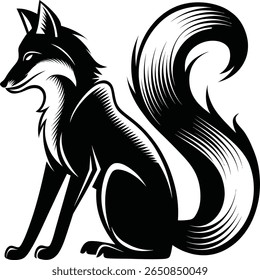 A beautifully detailed black silhouette of a fox, showcasing its sleek form and bushy tail. The illustration features elegant lines and shading, capturing the cunning and charm of this wild animal. 