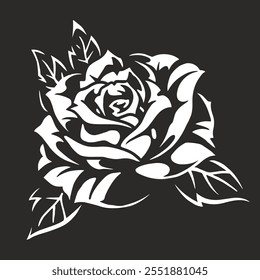 A beautifully detailed black and white illustration of a rose with intricate petals and leaves against a dark backdrop showcasing artistic floral design.