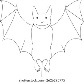 A beautifully detailed black and white line art illustration of a Halloween bat with ornate wings and delicate patterns. This hand-drawn vector design combines spooky and elegant aesthetics, perfect f