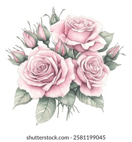 A beautifully detailed botanical illustration of pink roses in full bloom, surrounded by green leaves and rosebuds, showcasing elegance, romance, and floral artistry
