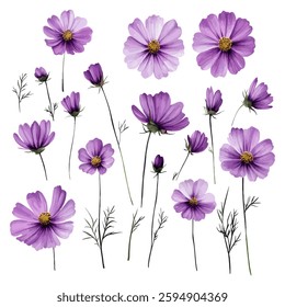 A beautifully detailed digital illustration featuring multiple purple cosmos flowers in different angles and growth stages