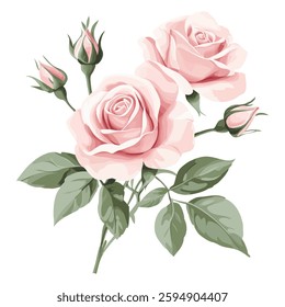 A beautifully detailed digital illustration featuring soft pink roses in full bloom, accompanied by green leaves and rosebuds on a white background. The elegant floral artwork