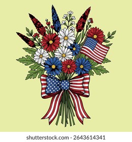 A beautifully detailed floral bouquet illustration with the American flag waving proudly in the background.
