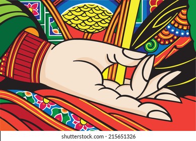 Beautifully detailed hand of Buddha. Bright, colorful, and serene.