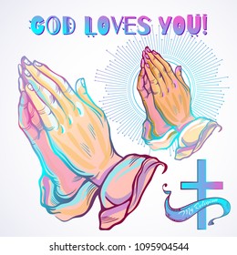 Beautifully detailed human hands folded in prayer. Appeal to the God. Faith and hope. Religious motifs. Academic art. Vector illustration isolated on white. Best print, poster and tattoo element.