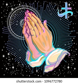 Beautifully detailed human hands folded in prayer. Appeal to the God. Faith and hope. Religious motifs. Vector illustration on outer space background. Best print, poster and tattoo element.