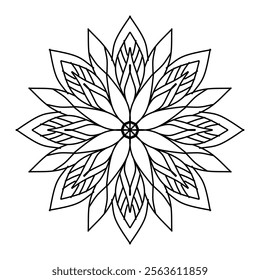 A beautifully detailed mandala coloring page featuring a symmetrical and intricate pattern, ideal for relaxation and creativity. The design includes repeating geometric shapes, floral motifd