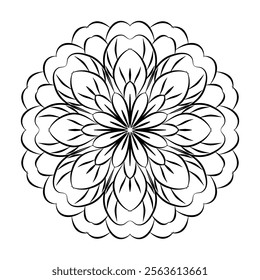 A beautifully detailed mandala coloring page featuring a symmetrical and intricate pattern, ideal for relaxation and creativity. The design includes repeating geometric shapes, floral motifs, and bala