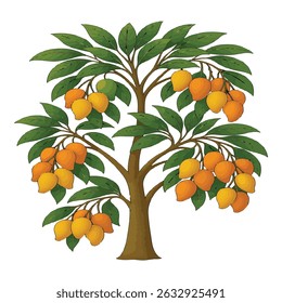 A beautifully detailed mango tree illustration featuring lush foliage and ripe mangoes. Perfect for agricultural, botanical, and tropical-themed designs. 