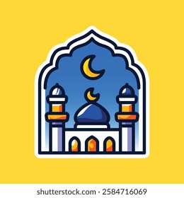 A beautifully detailed mosque with a crescent moon and stars against a bright yellow background, symbolizing Ramadan, faith, and devotion. Ideal for Islamic decorations and greeting cards.